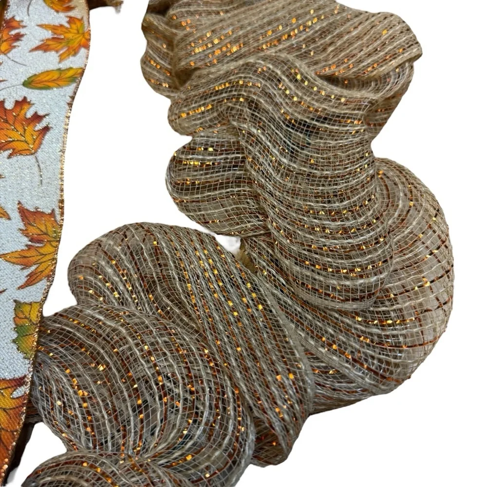 Handmade Rustic Fall Harvest Deco Mesh Wreath Faux Grass & Leaf Bow 22 inches
